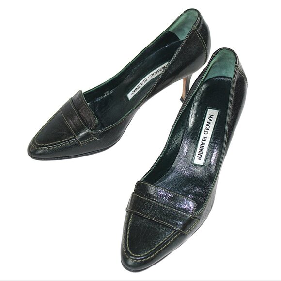 Manolo Blahnik Black Leather Preppy Loafer Pumps, Size 36.5 (US 6.5) - Picture 7 of 10